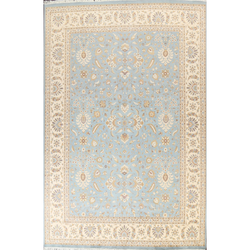 Tapis bleu en laine noué à la main de conception unique 8 pi 11 po x 12 pi 4 po Lunardi