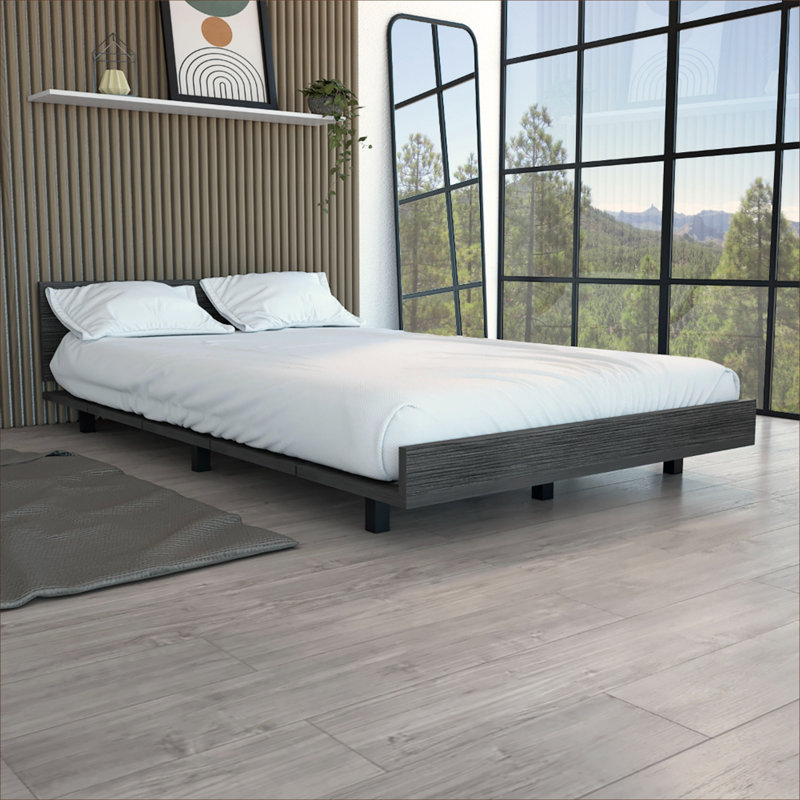 Twin Size No Box Spring Required Platform Bed With Headboard, Modern Classic Style, Cool Gray Particle Board
