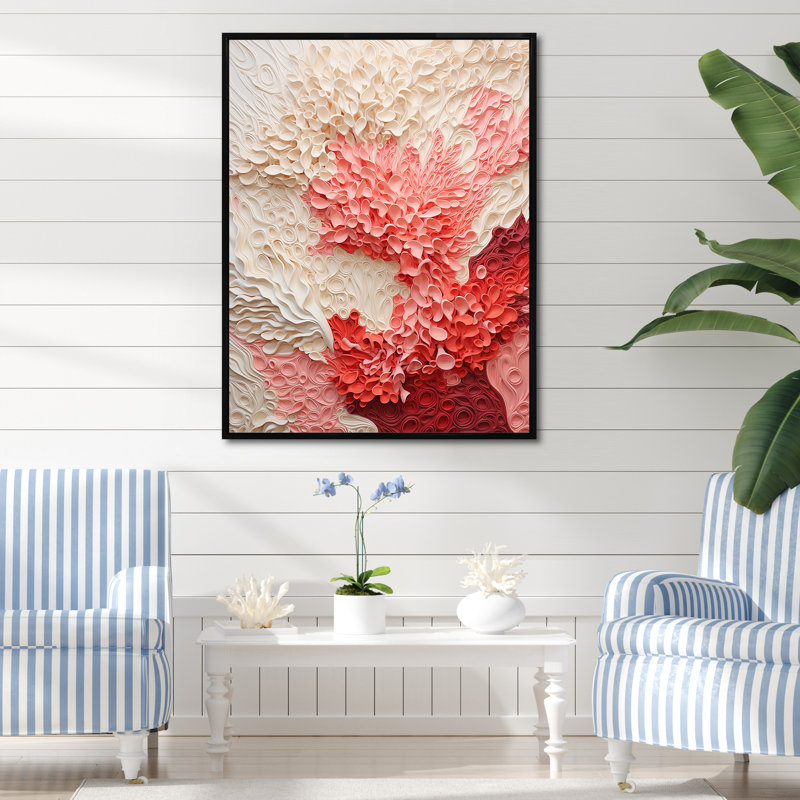 Collage beige et rose corail - grand art mural corail, H 40 po x l 30 po x P 1,5 po, Cadre flottant noir