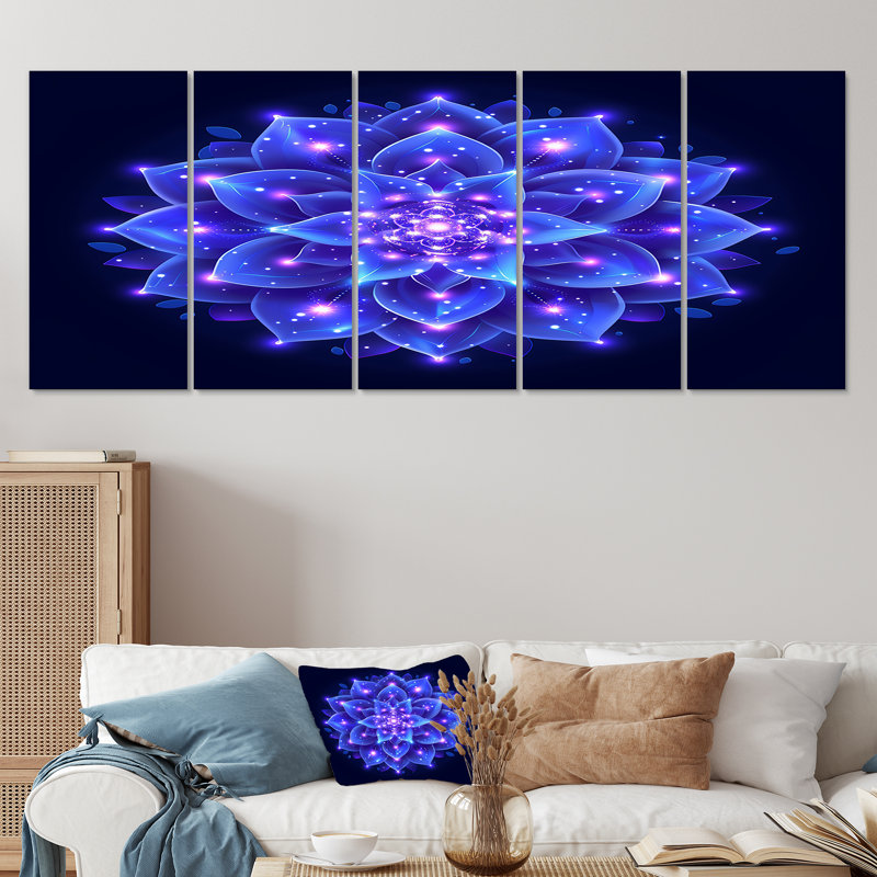 Fleur de lotus cosmique néon mauve - Mandala boho 5 pièces, H 32 po x l 80 po
