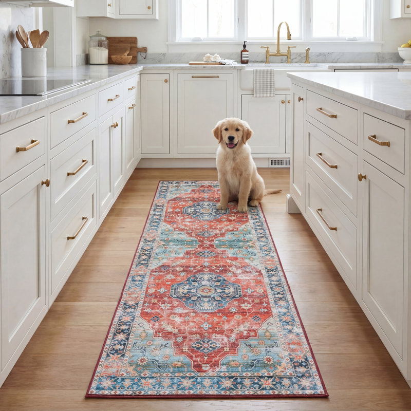 Tapis bleu / rouille Danna Performance, Tapis de couloir 2 pi 6 po x 8 pi