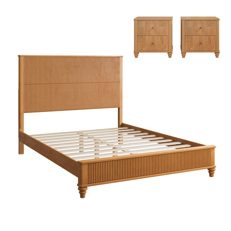 Ensemble de chambre à coucher 3 pièces pour lit queen avec cadre de lit en bois massif et 2 tables de chevet, fini naturel