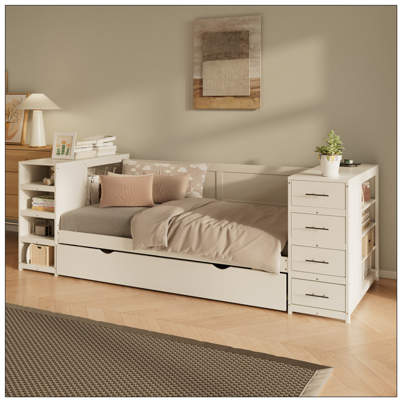 Wooden Daybed, Storage Bed With Multi-Functional Desk And Charging Station For Bedroom, Guest Room