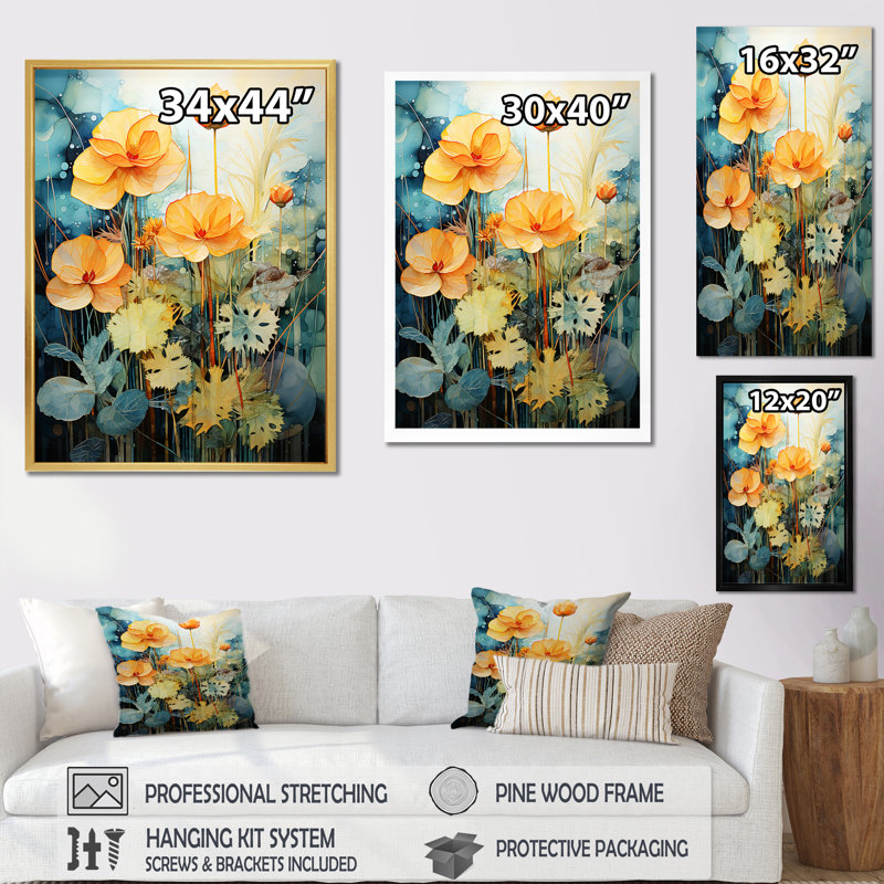 Plantes botaniques et délices de fleurs sur toile, Encadrement doré, H 20 po x l 12 po x P 1 po