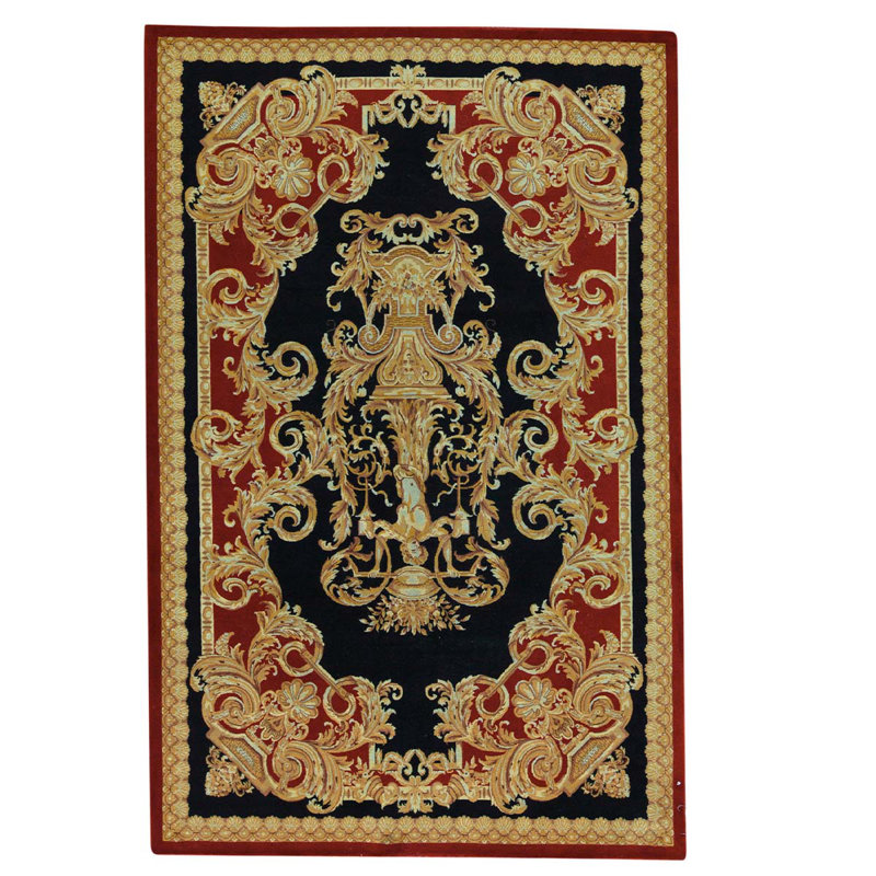 Tapis noir / rouge / or en laine noué à la main de conception unique 6 pi x 9 pi