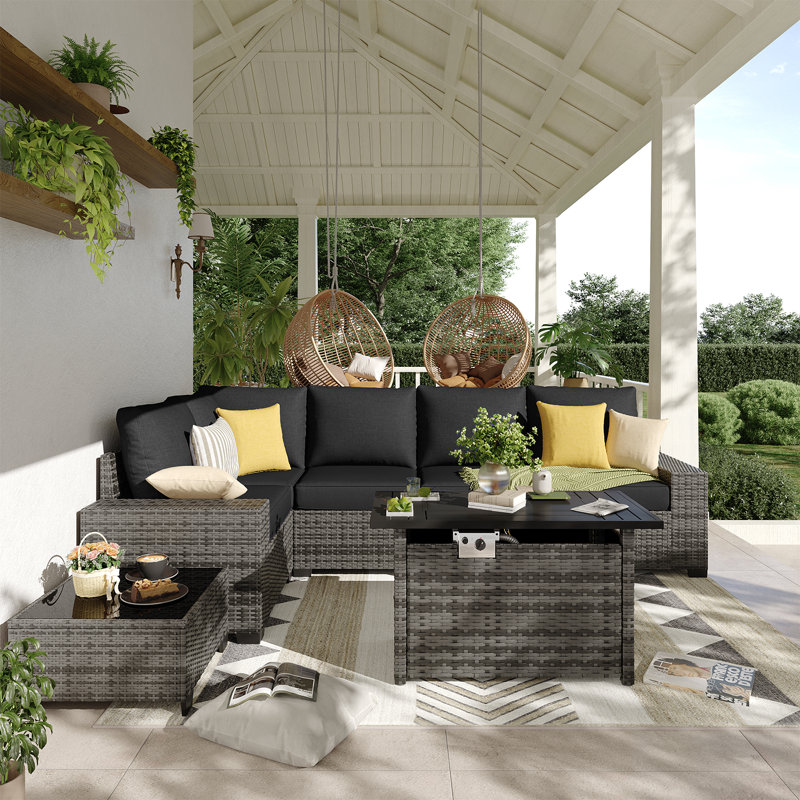 7-pieces Patio Furniture Set With 44" Propane Gas Fire Pit Table, Black Cushion/Gray Frame