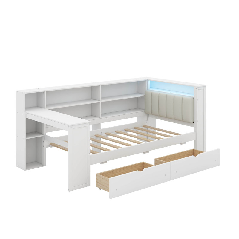 Lit plateforme simple en bois avec tablettes de rangement, tiroirs, station de charge, DEL, bureau et tête de lit tapissier