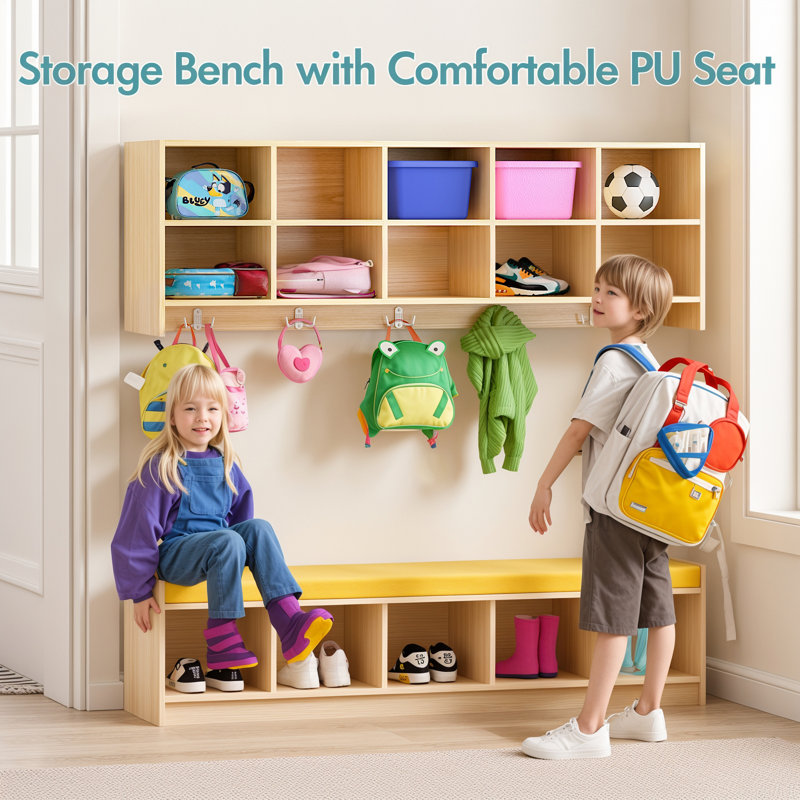Armoire de rangement murale de classe avec banc, armoire de rangement à compartiments avec siège de rangement