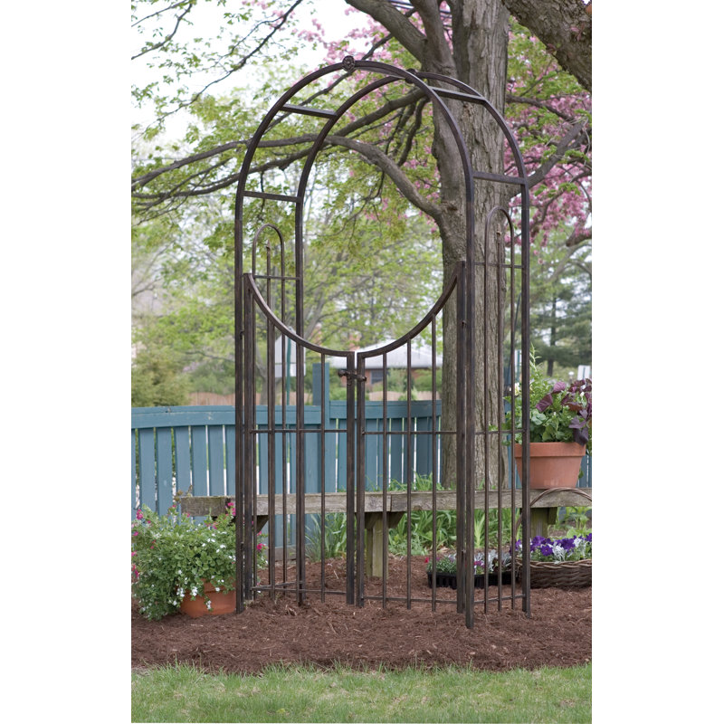 17.27cm W x 17.27cm D Steel Arbour with Gate, Brushed Bronze