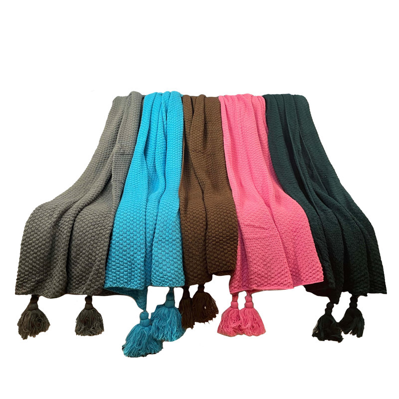 Jeté en tricot texturé Tassled, Bleu