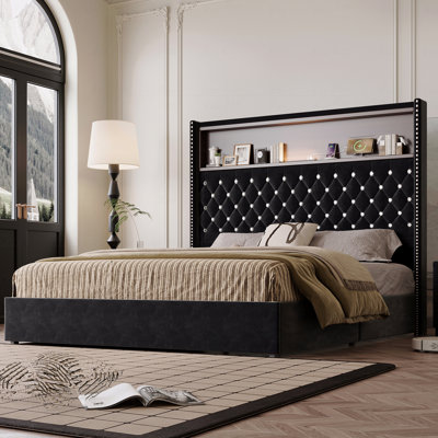 Structure de lit grand velours capitonné doux avec port USB et veilleuse, hauteur de 52 po avec tête de lit à rivets, lit plateforme à oreilles avec tablette de tête de lit