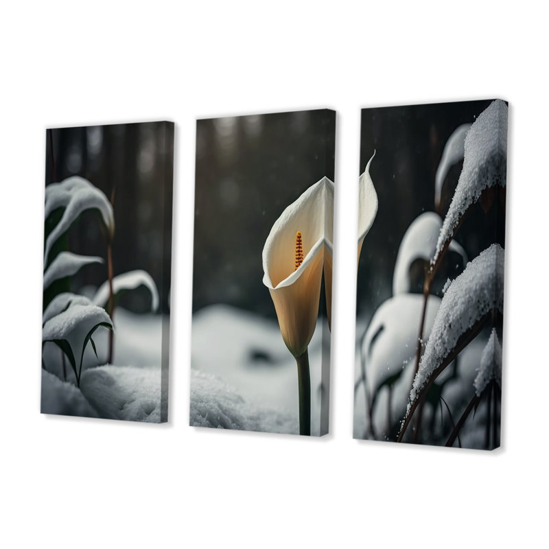 «A Blooming White Calla Lily Flower Winter II», ensemble de 3 reproductions sur toiles, H 32 po x l 48 po x P 1 po