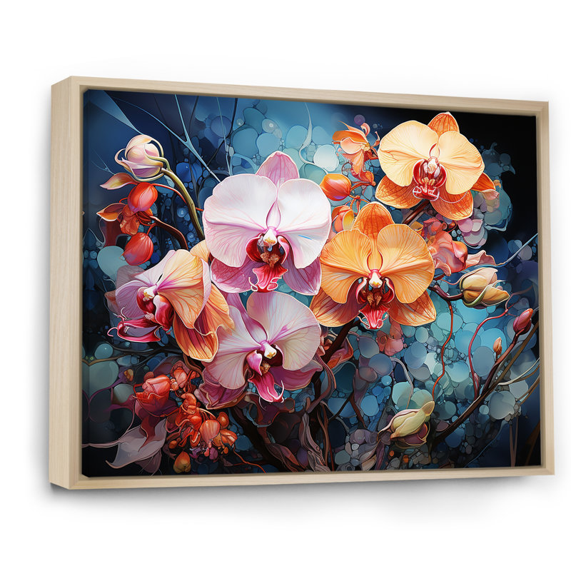 Impression d'orchidées roses et oranges sauvages sur toile, Cadre naturel flottant, 34" H x 44" W