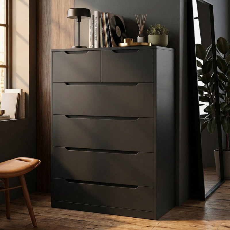 6-Drawer Tall Dresser, Modern Wood Chest with Smooth Metal Rails & Micro-Tapered Design for Anti-Tip Stability – Perfect for Bedroom, Hallway, or Living Room