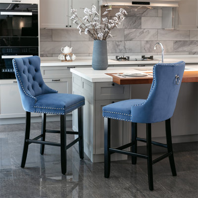 Contemporary Velvet Upholstered Barstools With Button Tufted Decoration And Wooden Legs, And Chrome Nailhead Trim, Leisure Style Bar Chairs,Bar Stools, Set Of 2