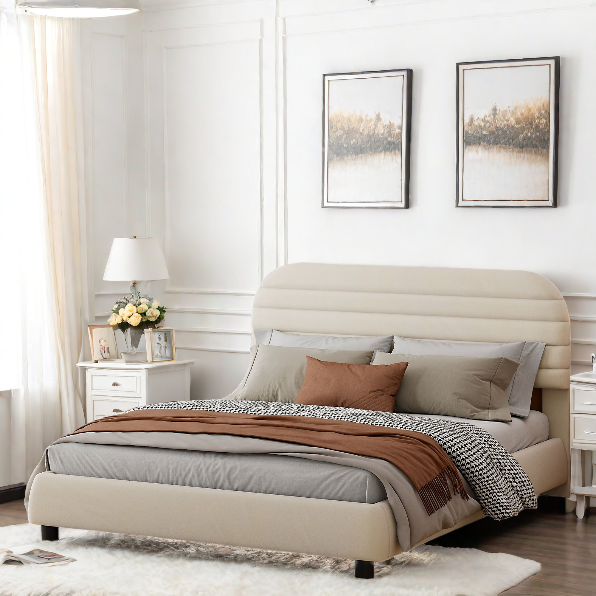 Latitude Run® Peria Velvet Upholstered Platform Bed with Curve-shaped ...