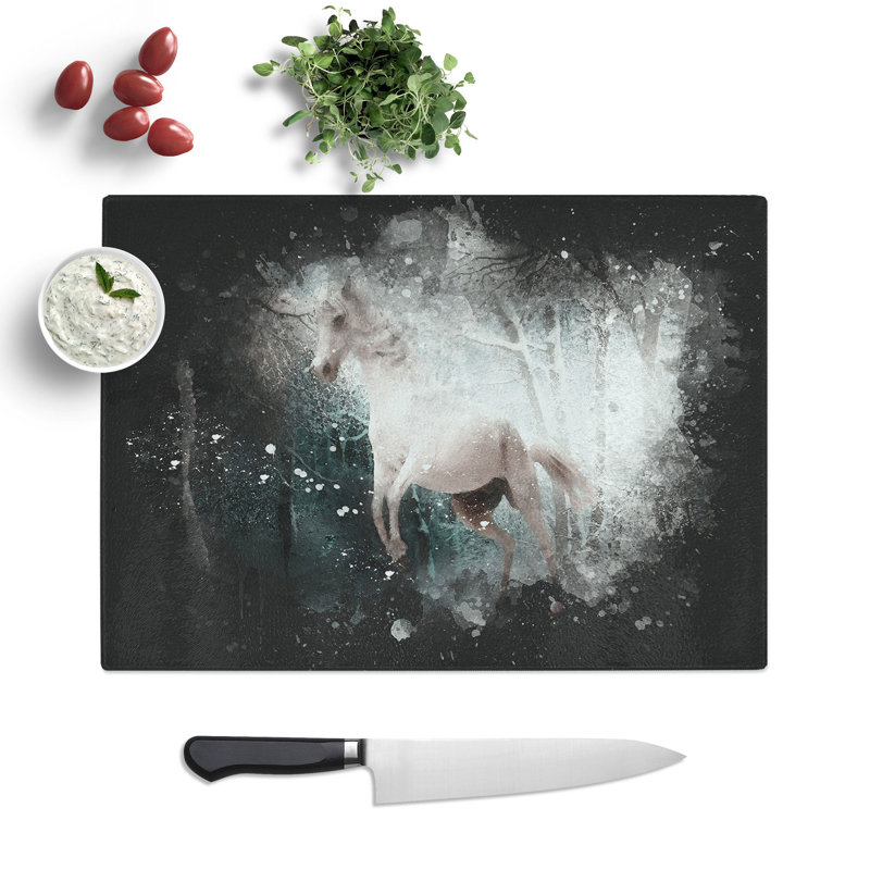 Tempered Glass Horse Rearing in a Winter Forest Paint Splash Chopping Board, 20 cm x 28.5 cm