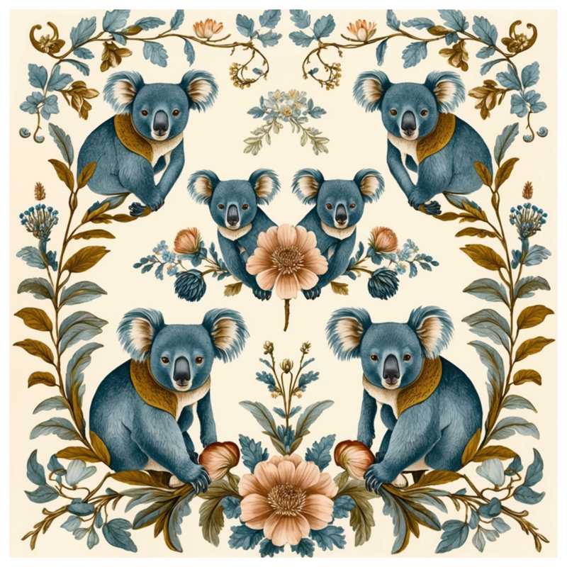 Tapisserie murale Koalas avec arrangement floral - décoration murale Koala, H 104 po x 88 avec 4 œillets