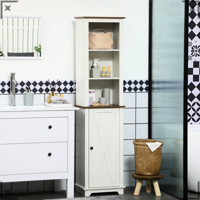 White Slim Bathroom Cabinet With Triple Open Shelves, Freestanding Linen Tower Adjustable Shelf And Door For Cleaning Products, Toilet Paper Shelves Door, Storage Towels