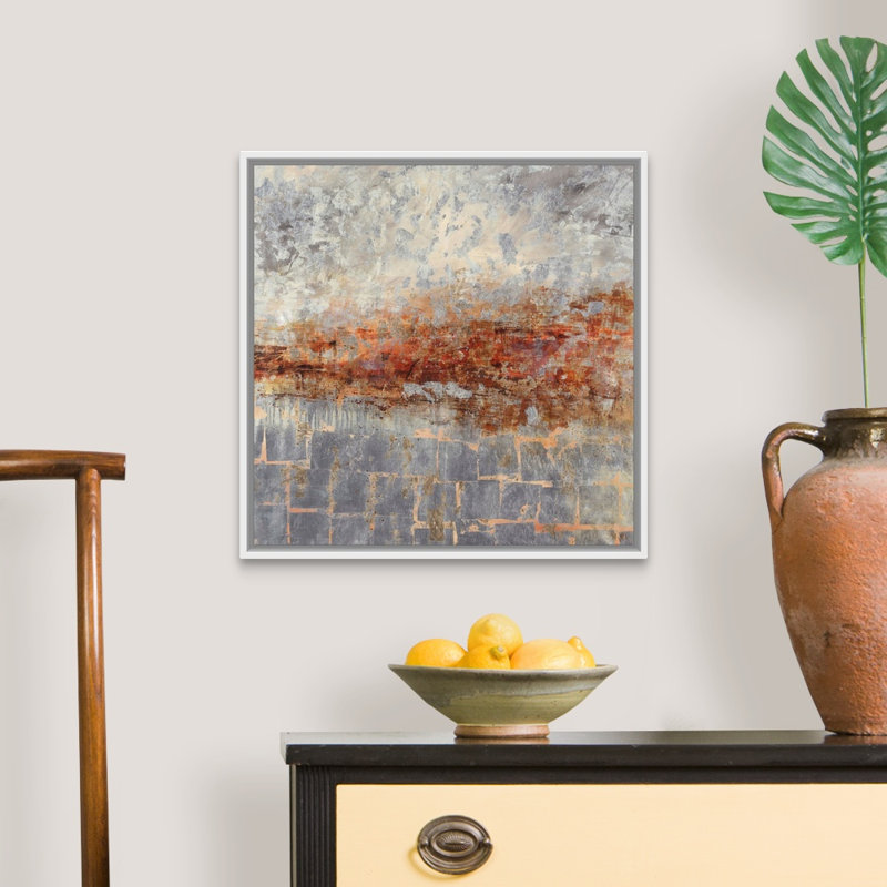 « fire lake ii », peinture sur toile, H 21,7 po x l 21,7 po x P 1,75 po, Cadre flottant blanc
