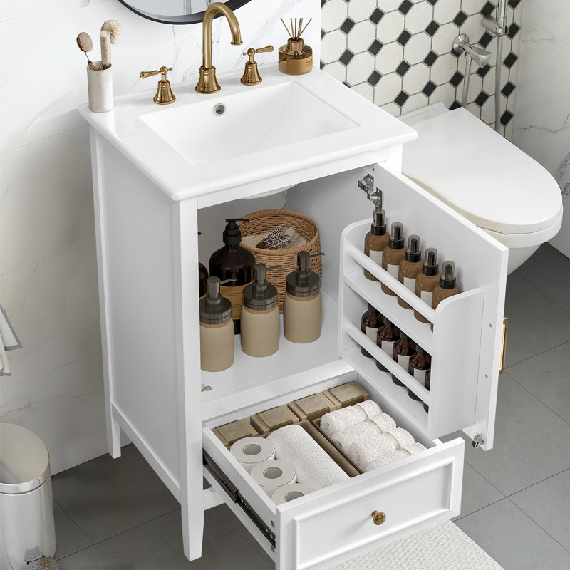 Meuble-lavabo de 20 po avec lavabo, porte simple, tablette de porte et repose-pieds réglables, Blanc