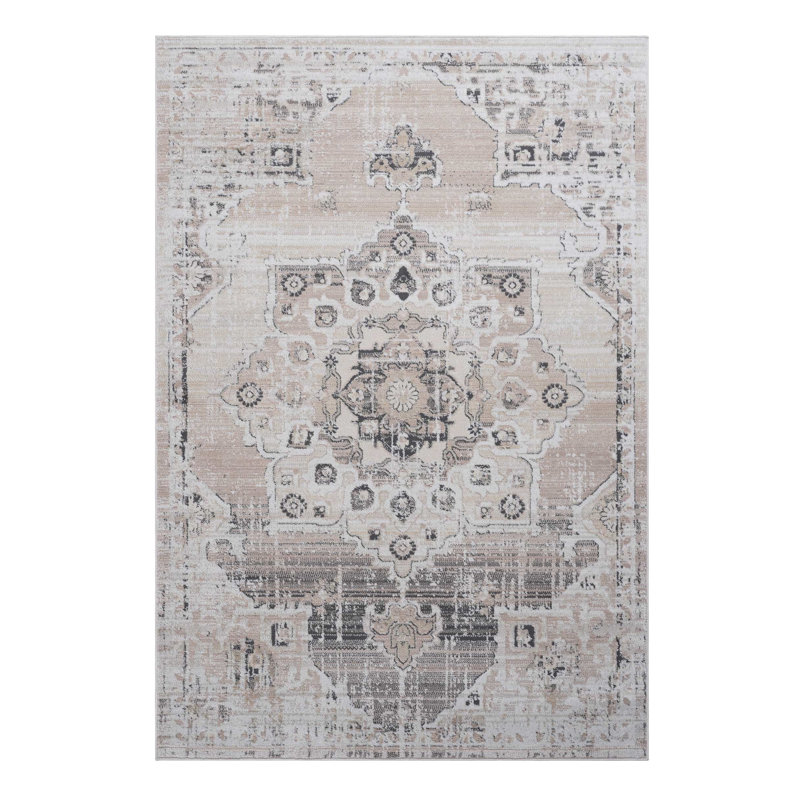 5X7 Cream/Beige Medallion High-Traffic Area Floor Rug. Non-Shedding, Stain , Long-Lasting Stylish Cream Beige - Happy Joyful Play