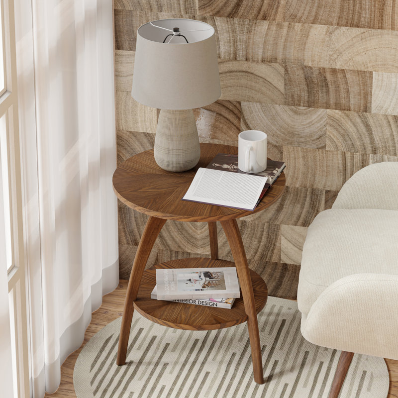 Farmhouse Wood Round End Table With Storage Shelf