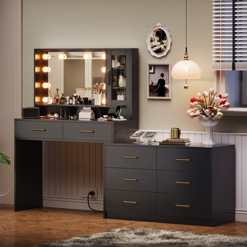 8 Drawers Vanity Desk With LED Lighted Mirror and Charging Station, Dressing Table With Side Cabinet, Black, Black