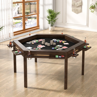 Hexagonal Solid Wood Board Game Table For 4–6 With Removable Top, Game Mat, 6 Cup Holders & Hobby Tray – D&D and Puzzle Table With Large Recessed Gaming Area
