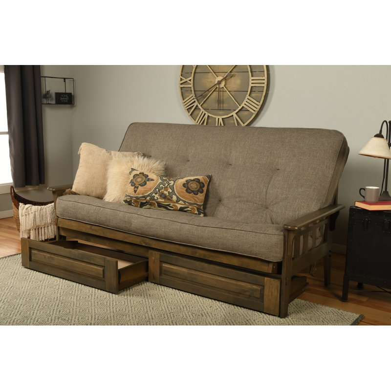 Stratford Queen 87" Wide Futon Frame and Mattress with Drawer Set, Linen Stone Polyester