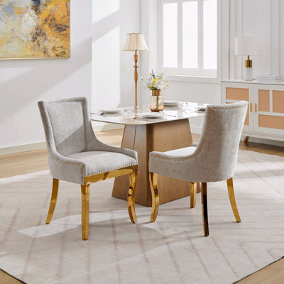 Chaises de salle à manger en chenille, style moderne avec pieds courbés plaqués or et garniture de rivet