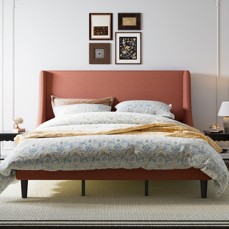 King Platform Bed Frame with Deluxe Wingback Frame / Upholstered with Headboard / Wood Slat Support / Box Spring / Peacock Green
