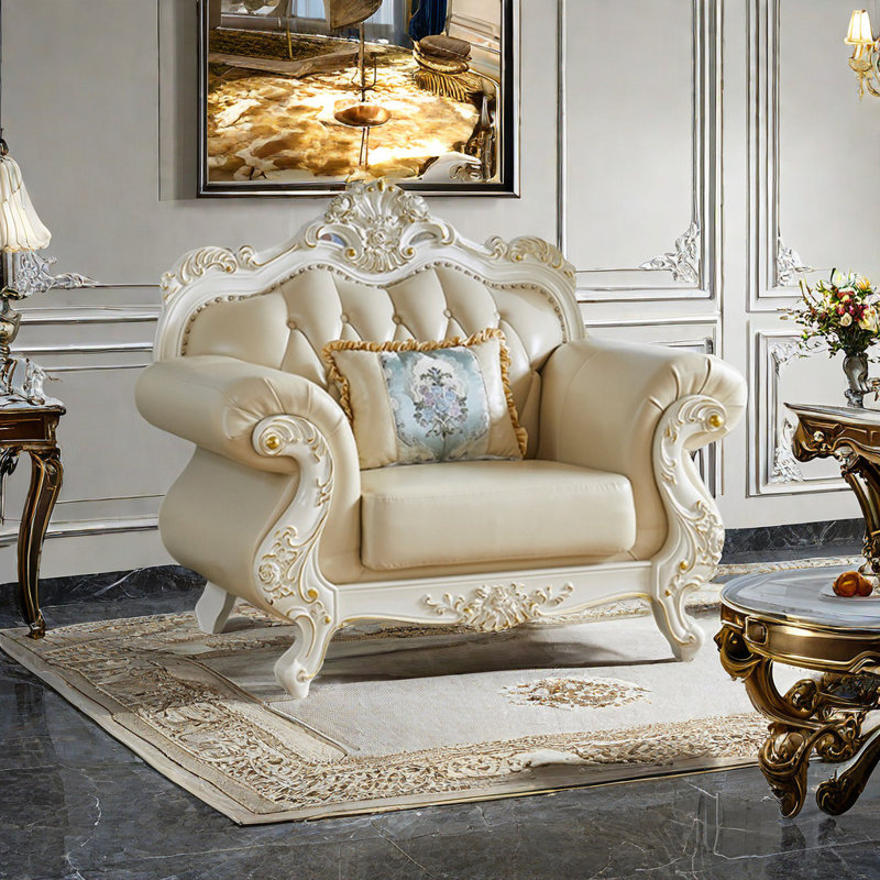 Fauteuil en cuir massif de style européen avec canapé en bois véritable de 51,9 po de largeur