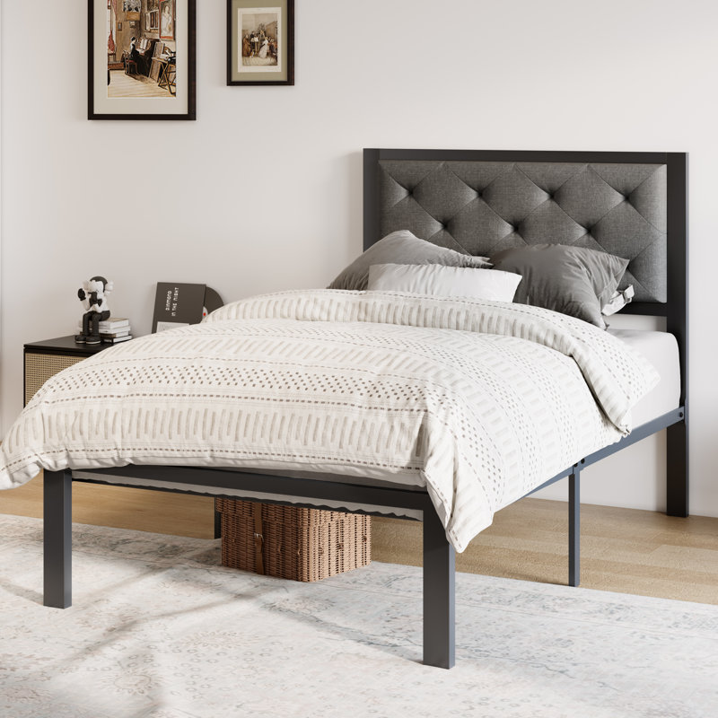 Katri Upholstered Metal Platform Bed, Twin, Dark Gray