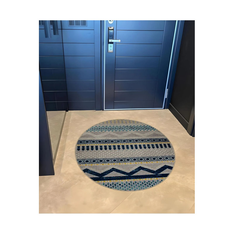 Woven Base Decorative Carpet With Shapes In Grey And Navy Blue Tones, Round 2'8"