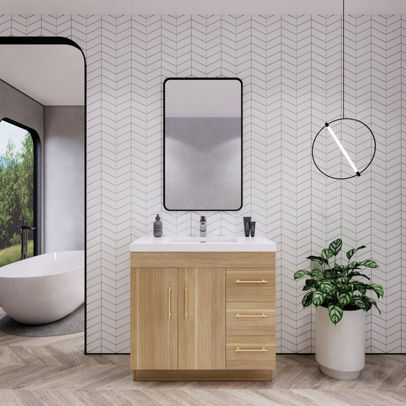 Meuble-lavabo autoportant avec lavabo en acrylique renforcé Eliza, Chêne champagne