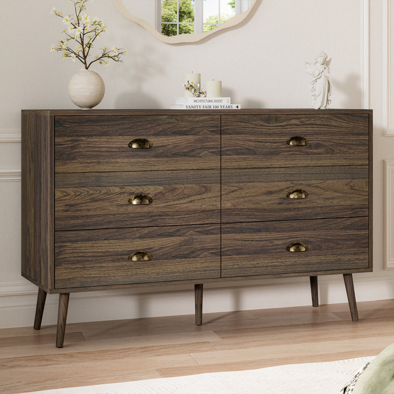 Modern 6 Drawer Dresser for Bedroom，Bedroom Dresser Chest, Walnut