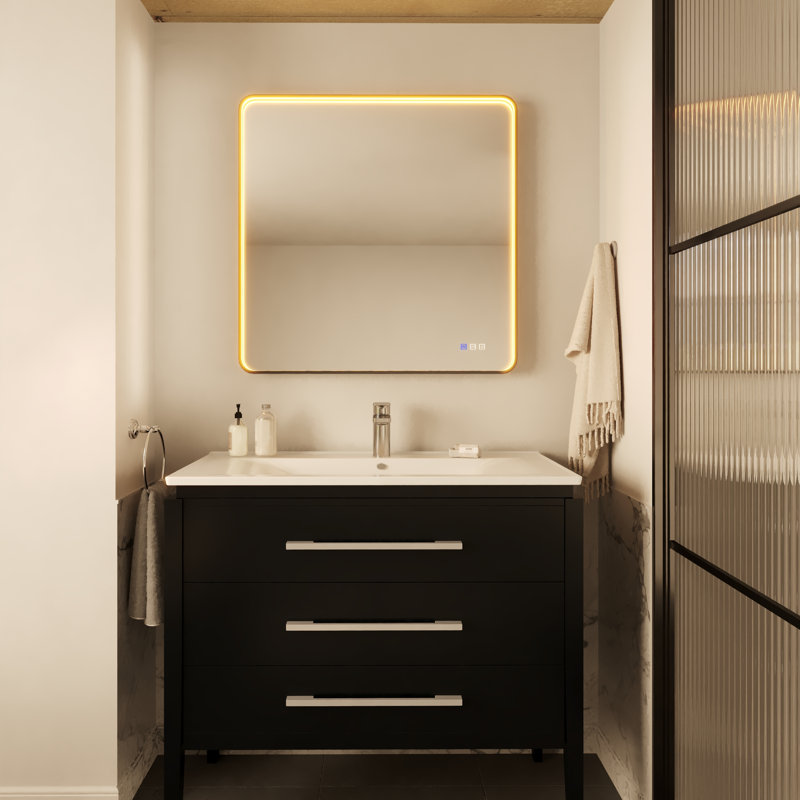 Miroir de salle de bain mural rond en aluminium à cadre arrondi à DEL Waterpar, 36 po x 36 po, Carrée