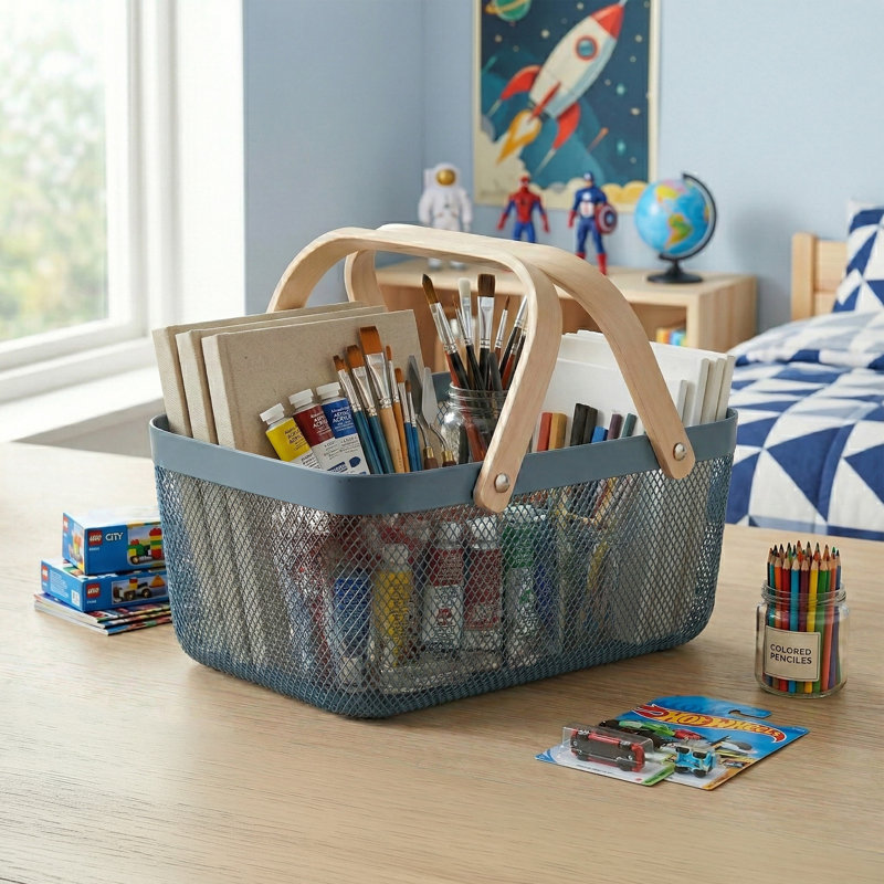  Grand panier de rangement en plastique avec poignée en bois