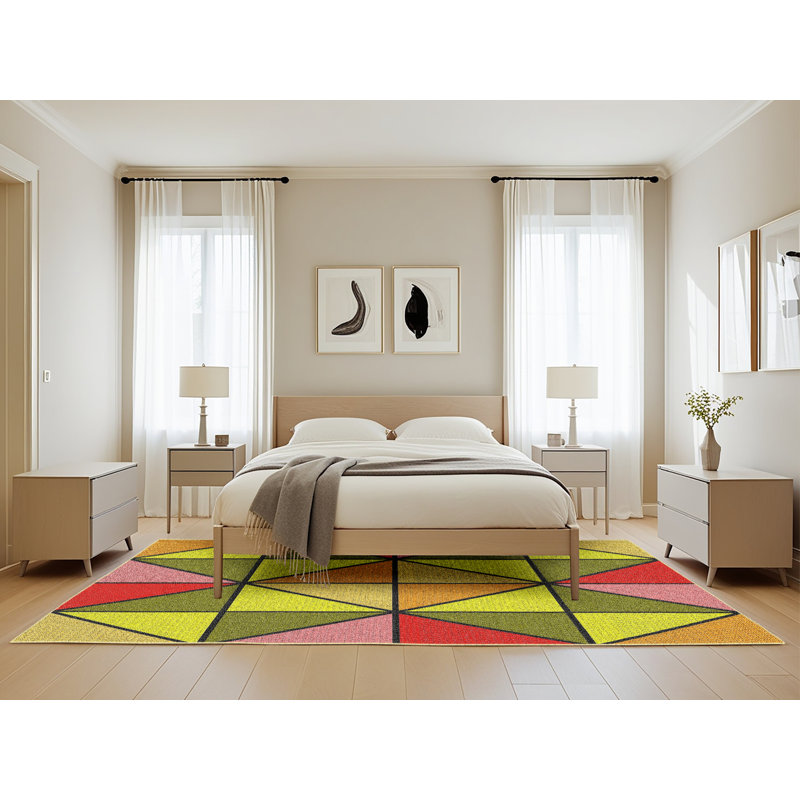 Tapis vert/jaune/rouge à motifs, Rectangle 5 pi x 8 pi