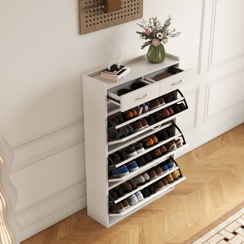 31.49" White Shoe Cabinet with Three-Layer Flip Bucket for Various Home Styles