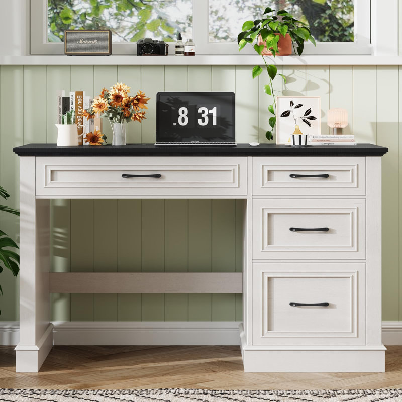 Bureau de direction de style ferme de 47 po avec tiroir à dossiers suspendus, Blanc/Noir