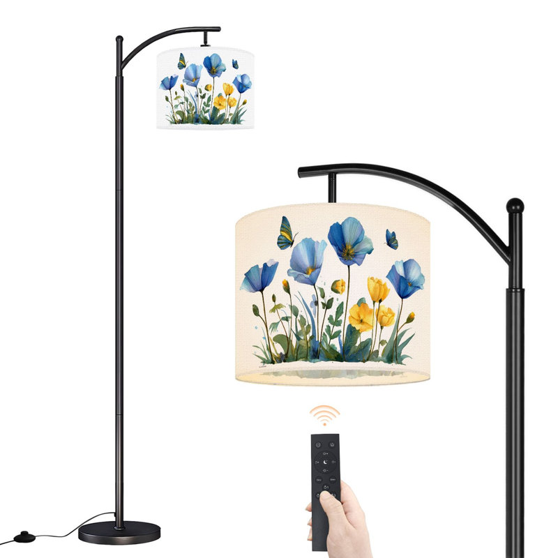 Arc Floor Lamp with Adjustable Lampshade Blue Yellow Floral Rustic Wildflower Green Leaf Butterfly Spring Standing Lamp 3 Color Temperatures Dimmable Tall Pole Lamp with Foot Switch for Bedroom