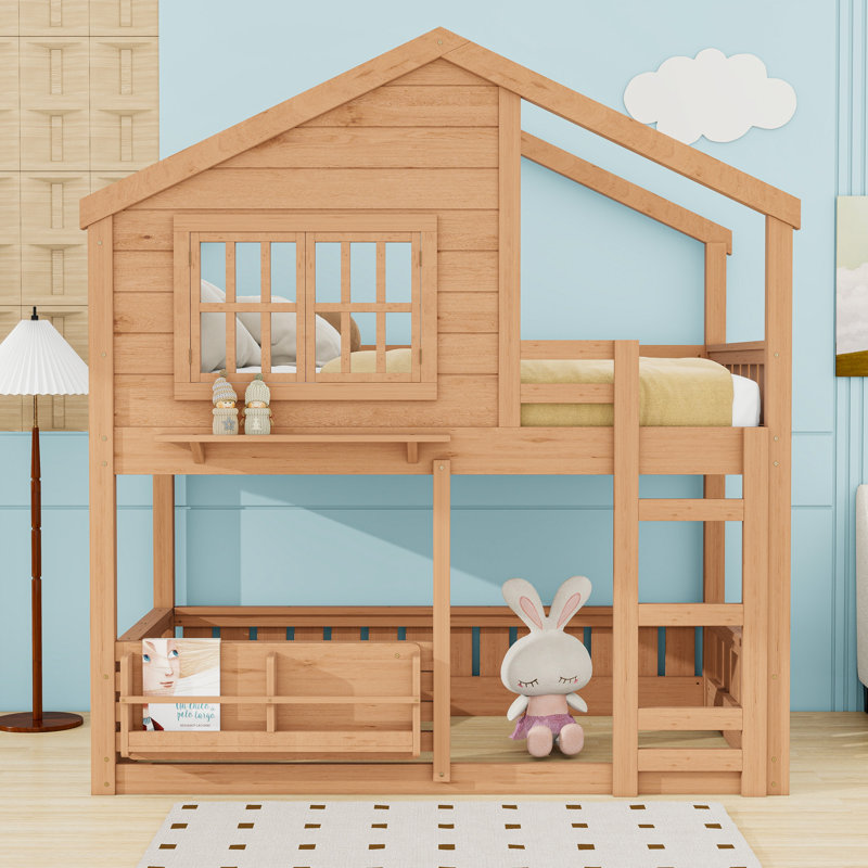House-Style Bunk Bed with Bookshelf, Guardrails and Ladder, Full Over Full