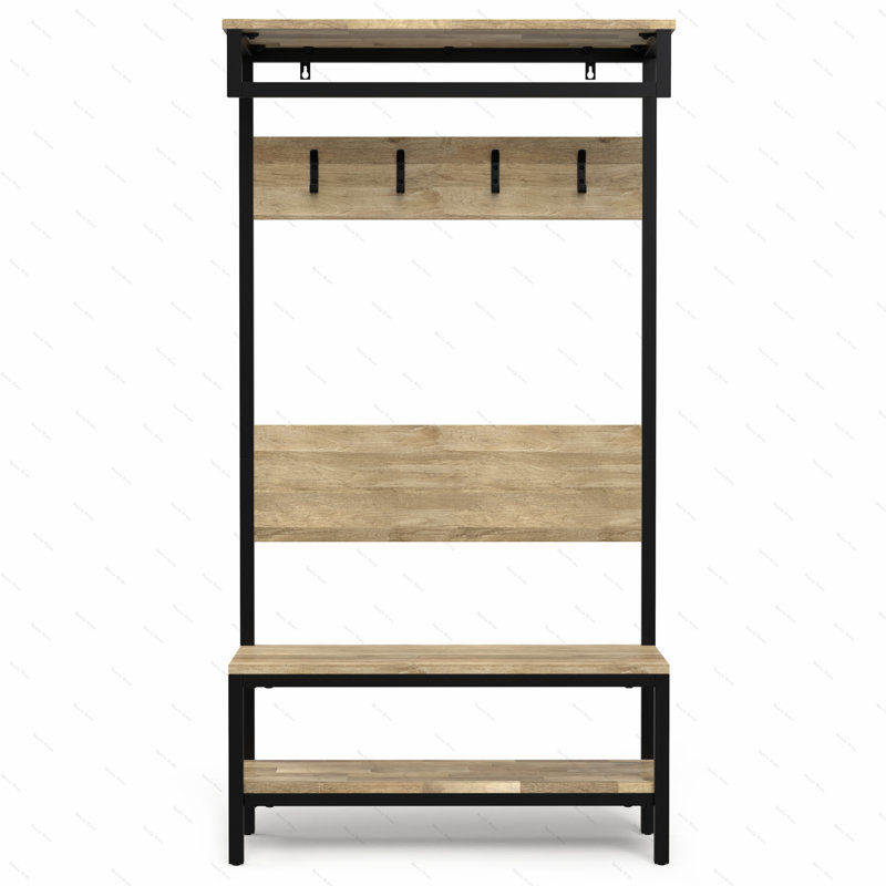 Natural Mango Wood Industrial Hall Tree with Storage Bench