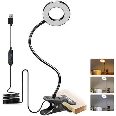 Lampe de bureau à DEL avec anneau à pince / lumière à pince 360 ° flexible avec col de cygne et intensité variable pour la protection des yeux