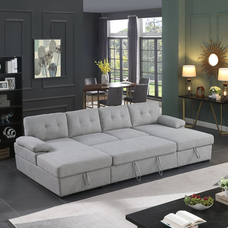 Canapé-lit modulaire rembourré et méridienne Micia, 100 % polyester gris clair