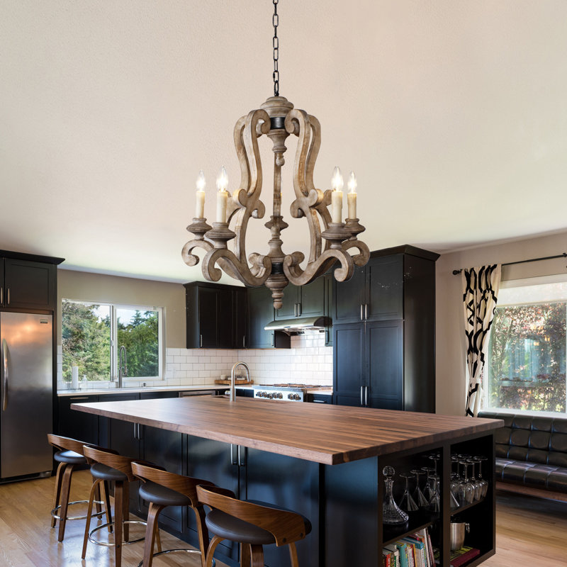 Danbury 5 - Light Candle Style Classic Wood Chandelier w Curve Arms and Adjustable Hanging Chain, Light Maple