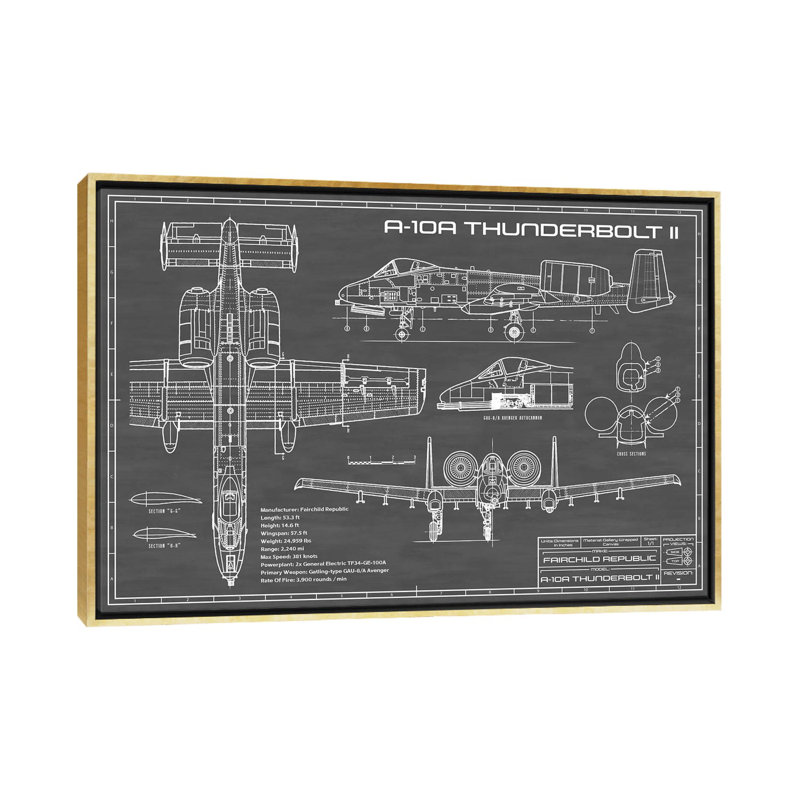 A-10 Thunderbolt II-imprimé de dessin, H 40 po x l 60 po x 1,5 po, Toile encadrée d'or, Pas de tapis