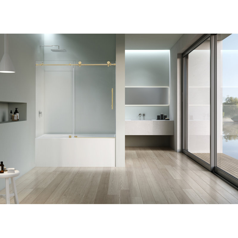 56–60" W x 76" H Frameless Bypass Single Sliding Shower Door with Explosion-Proof Clear Glass, Brushed Gold